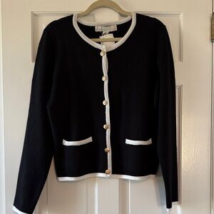 NWT Reckless Love Black Cardigan Lady Sweater White Trim Gold Buttons
